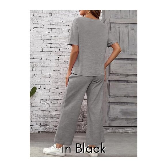 NEW SHEWIN 2 PC Lounge Set - Casual Waffle Knit Short Sleeve Top/Wide Leg Pant - Picture 4 of 6